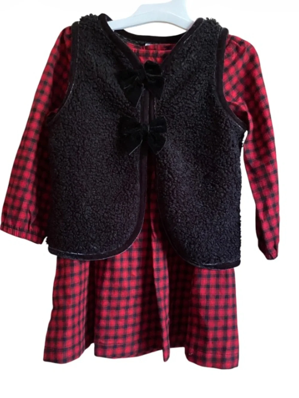 Carter’s Red and Black Girls' Plaid Dress with Black Sherpa Vest NWT Size 18mths